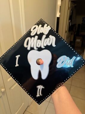 Black Graduation Cap Topper with Tooth Graphic - "Holy Molar I Did It"
